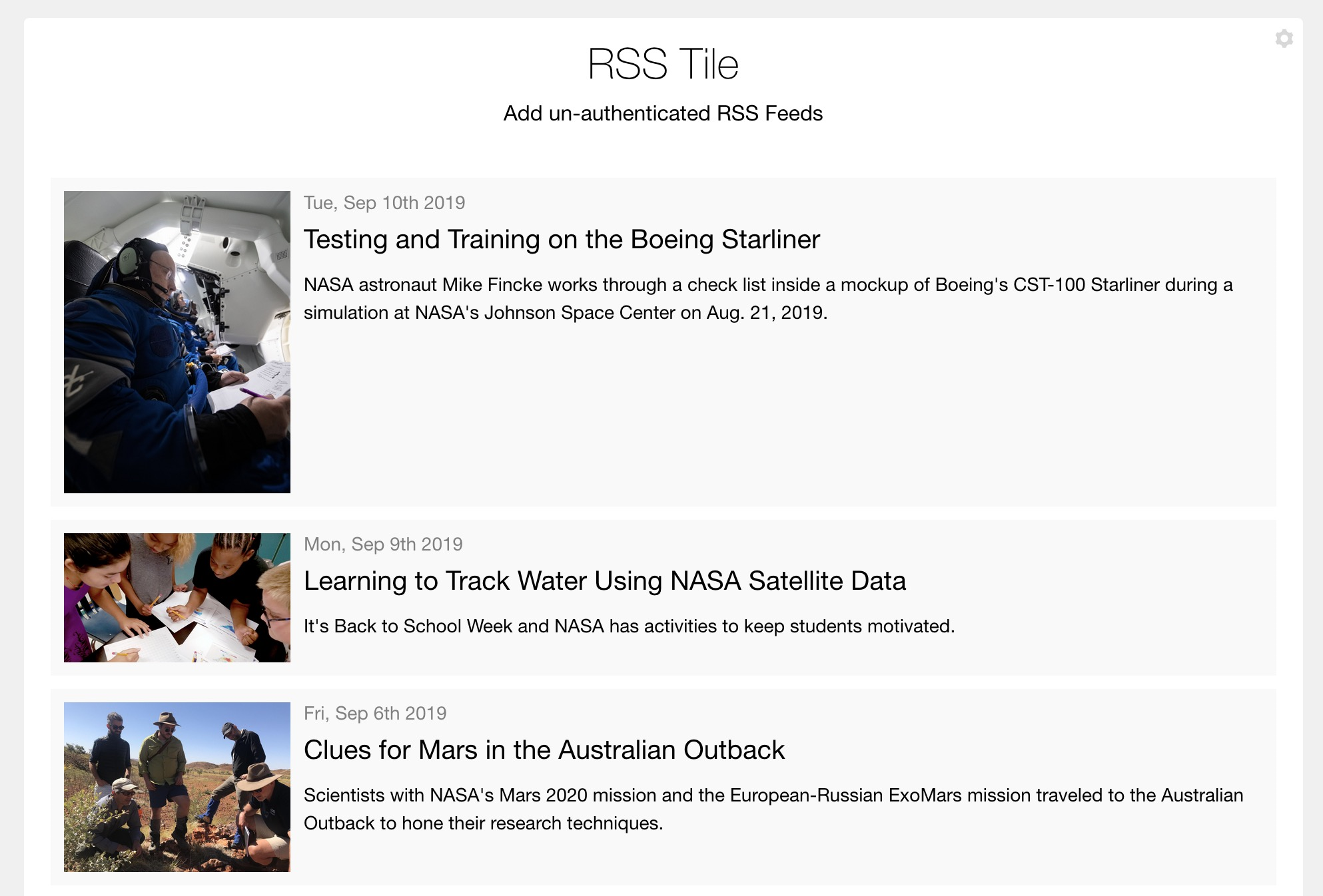 An example of RSS tile in wide column