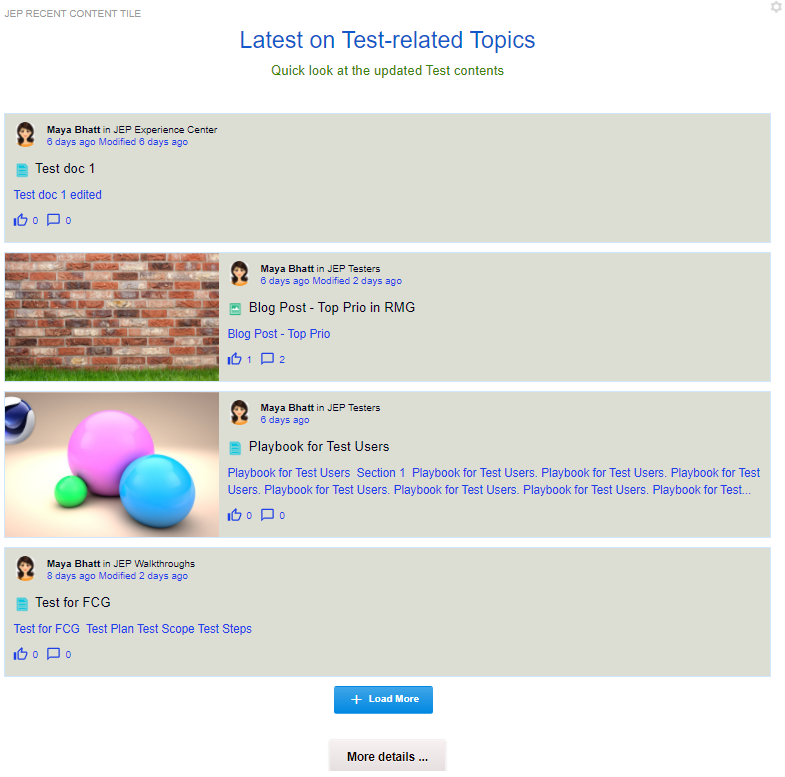An example of Recent Content tile in the list layout