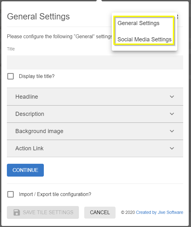 Social Media tile: Configuration menu