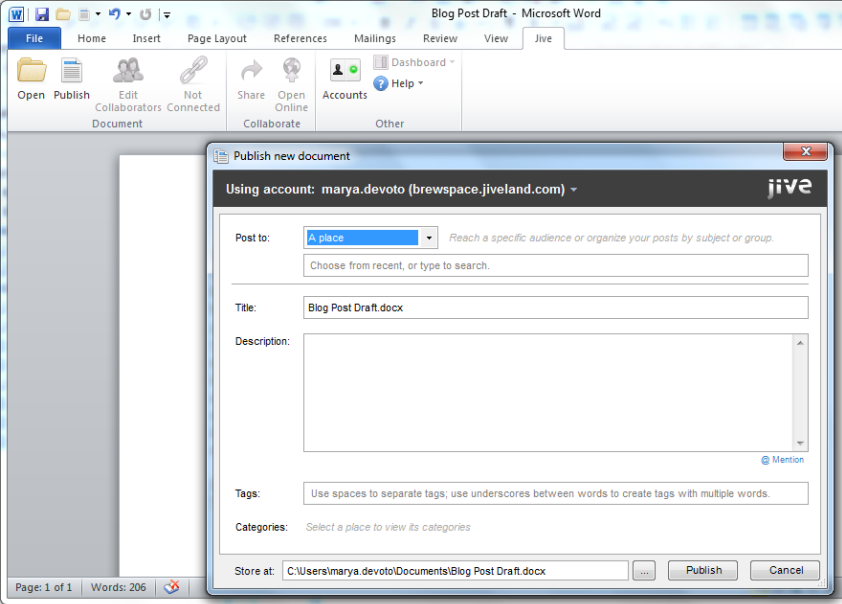 Jive for Office tab