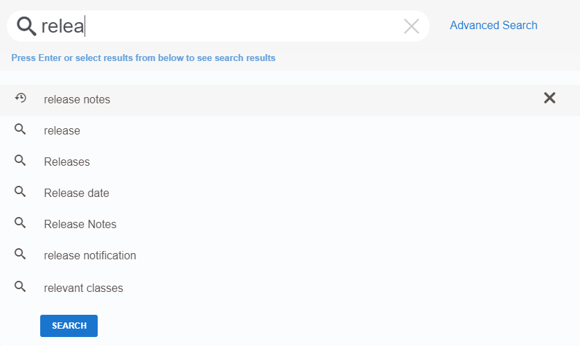 A screenshot of possible search suggestions when you type 'relea'
