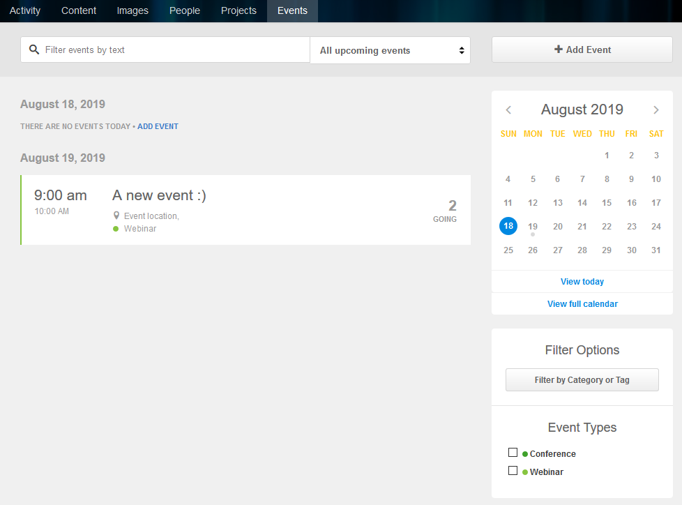 Calendar and Events tabs in place menu