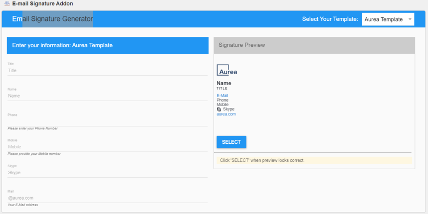 A screenshot of the E-Mail Signature Generator screen
