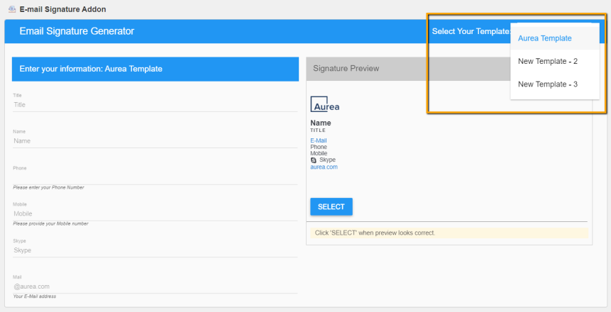 An example of the template list