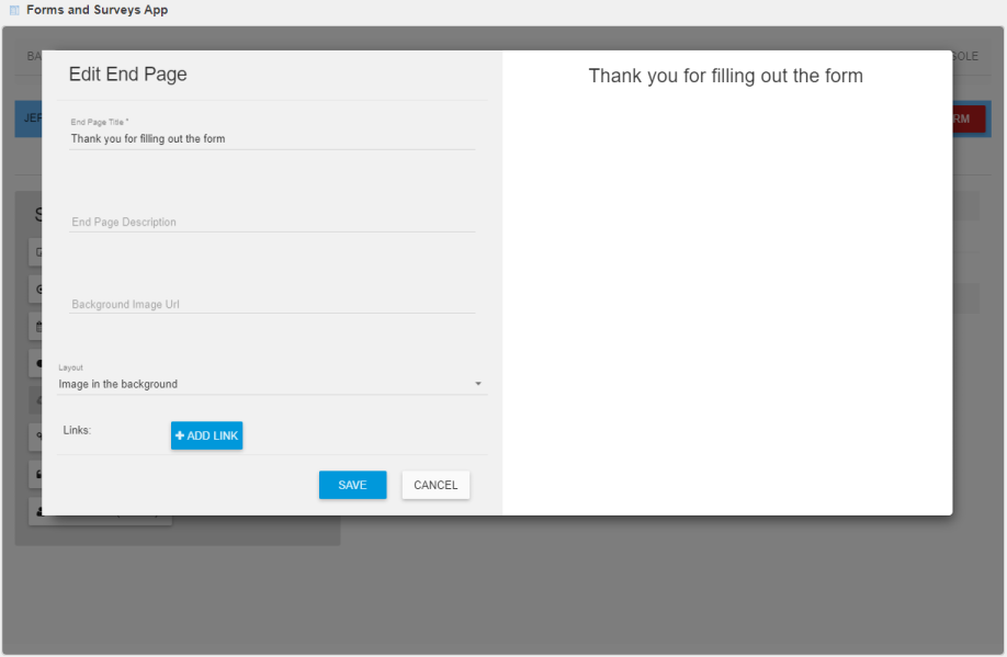 Configuring the end page on the Fields tab