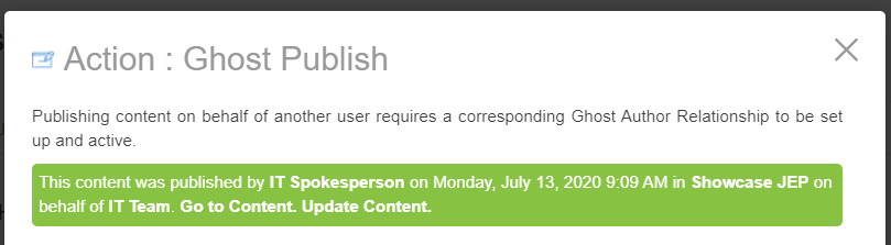 A screenshot of Action : Ghost Publish dialog box after successful publishing