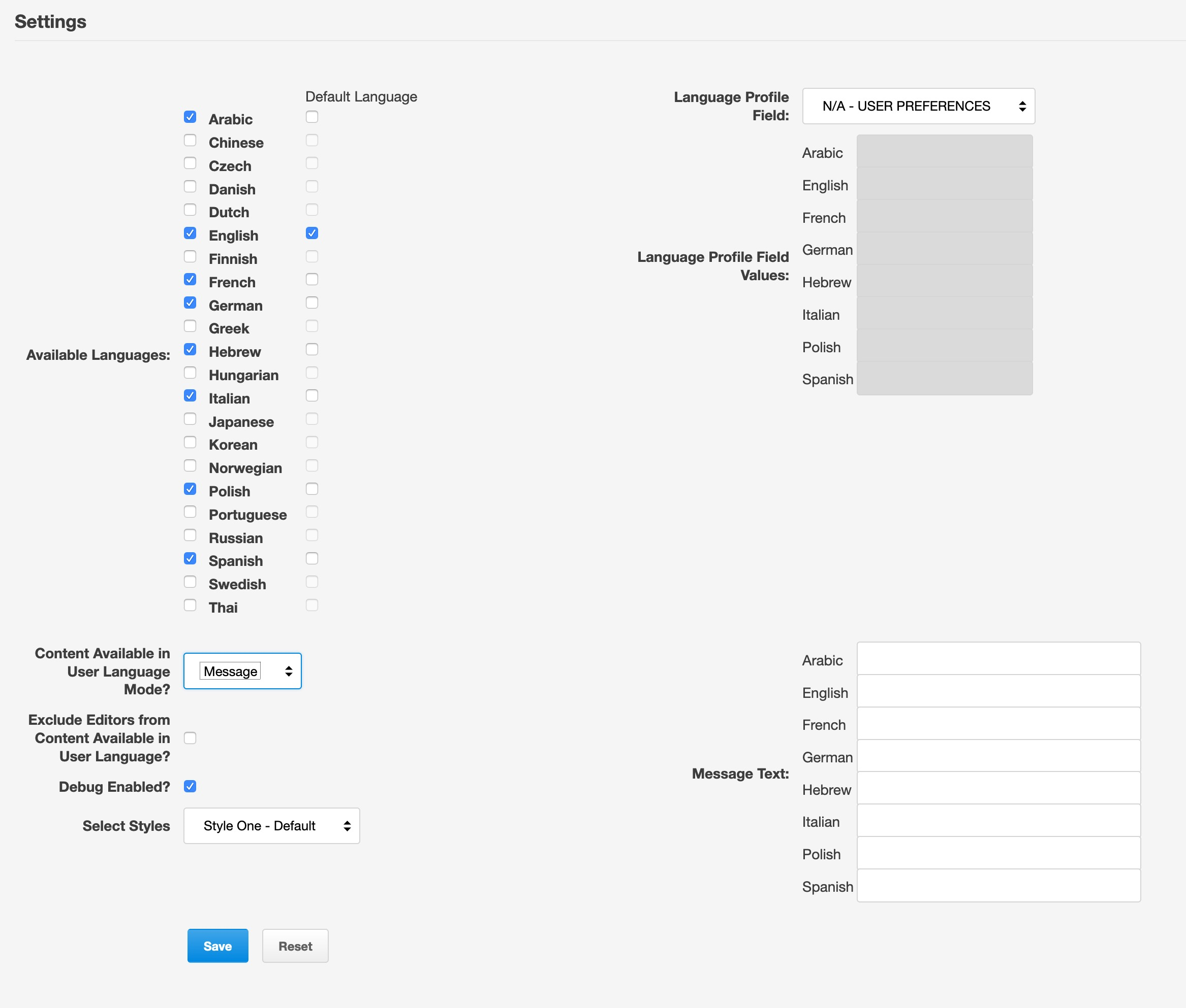 An example of the Multiple Languages add-on configuration options