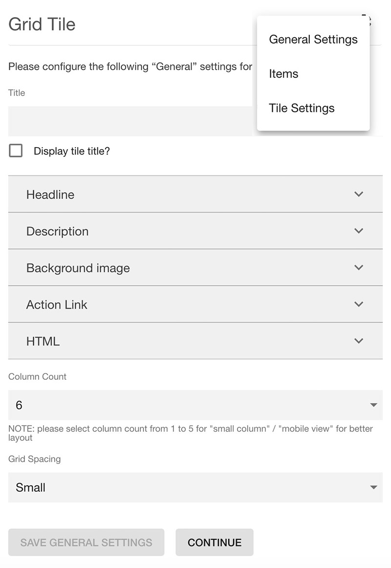 Grid Layout tile: Configuration menu