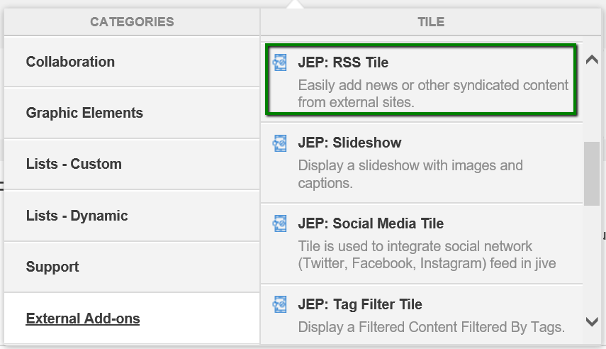 RSS tile in the tile selection