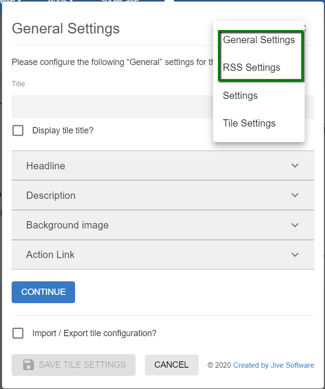 RSS tile: Configuration menu