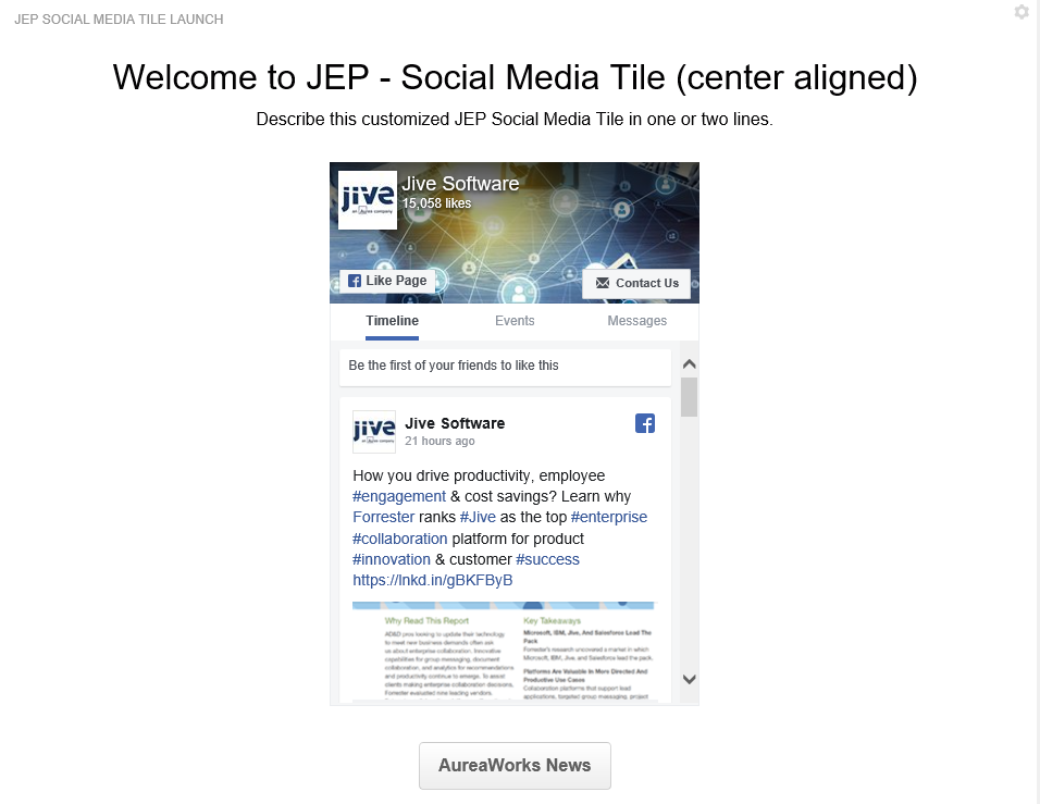 A Social Media tile connected to Facebook